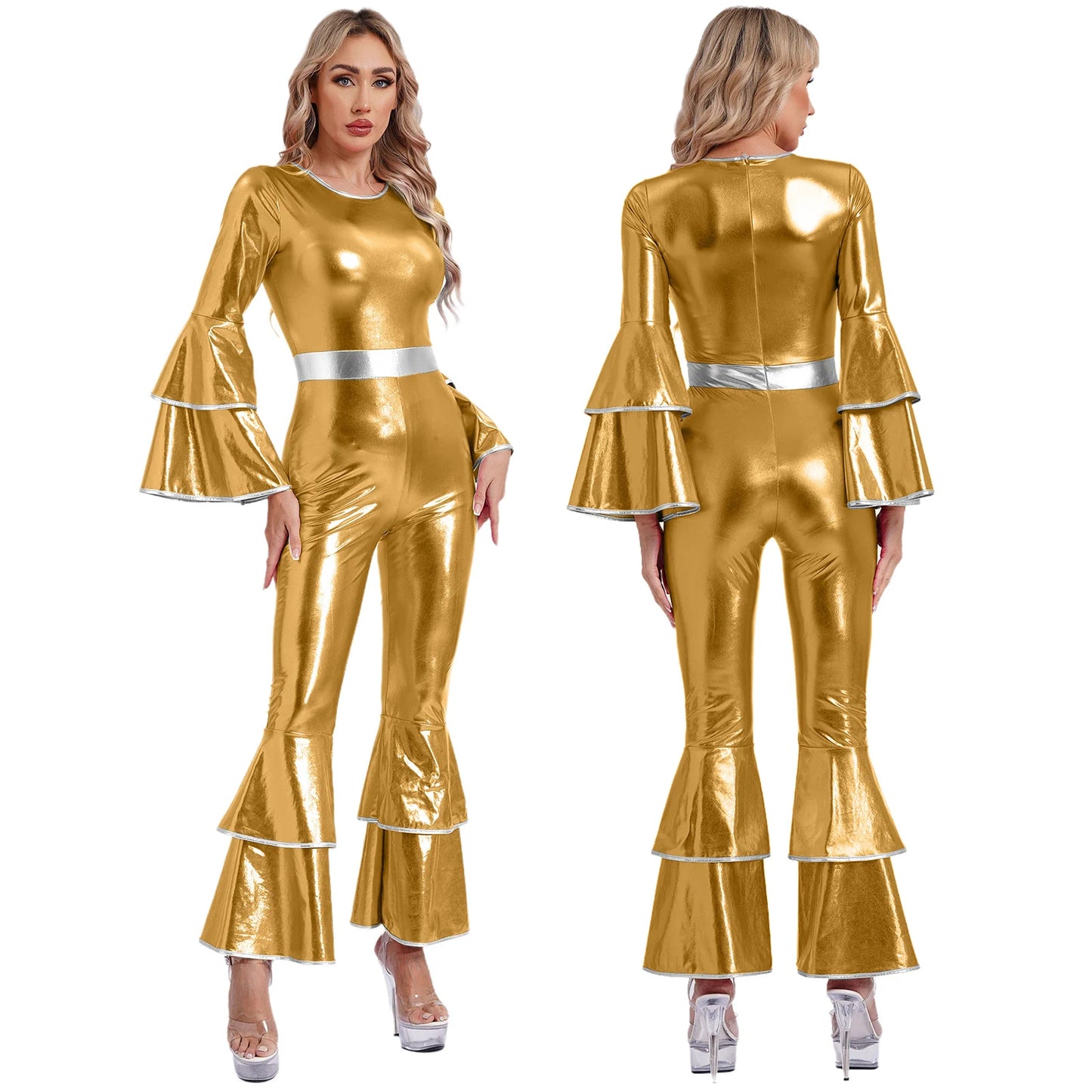 Damen Disco Kostüme sexy glänzend metallisch Retro Tanz Overall 70er 80er Jahre Hippie-Thema Party Halloween Cosplay Kostüm