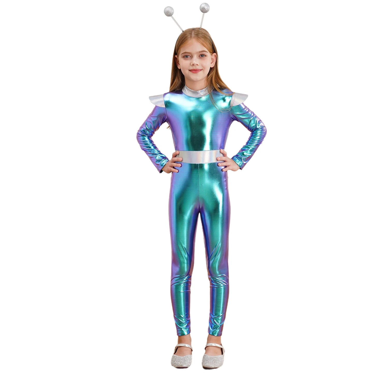 Kinder Mädchen Alien Kostüm Weltraum Kadett Holographische Metallic Ganzkörper Bodysuit Overall Halloween Party Cosplay Dress Up