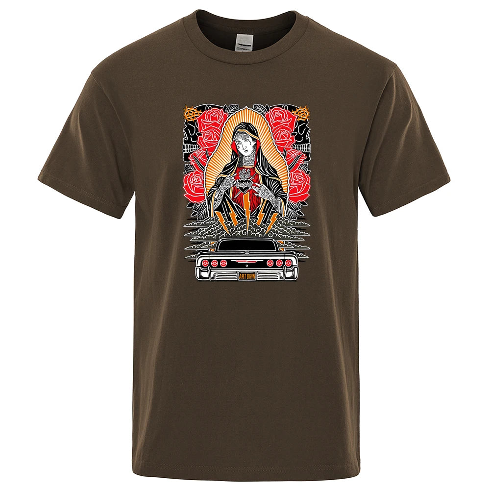 Rose Our Lady Of Guadalupe Funny Men Tshirt Breathable Summer Short Sleeve Oversized Casual Tops Cotton T-Shirt Short Sleeve