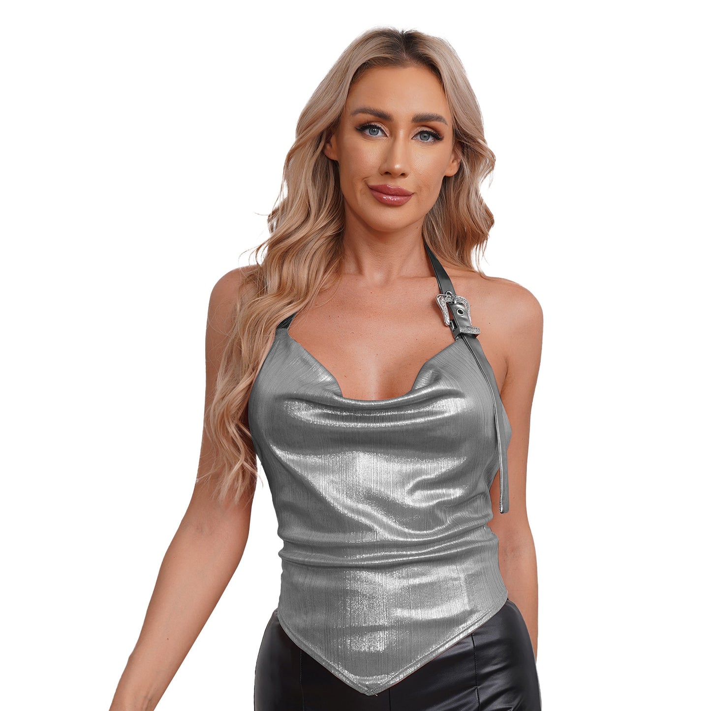 Damen exotische Tanks Clubwear Metallic glänzende Crop Top Weste solide Bodycon Neck holder ärmellose rücken freie Slim Fit T-Shirt Unterhemd Tops