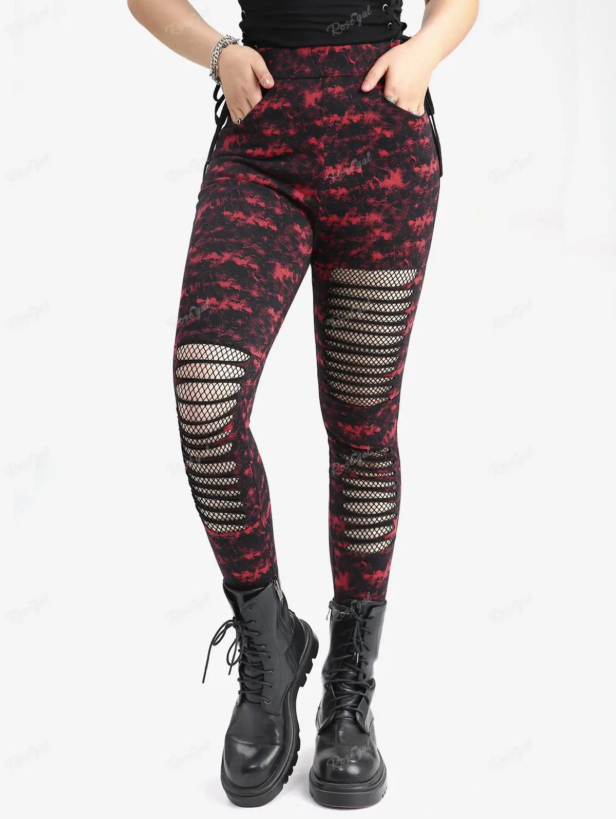 Rosegal Damen dünne Leggings mit Taschen Gothic zerrissene Mesh Panel Tie Dye Splatter Print Bleistift hose Casual Bottoms 3xl