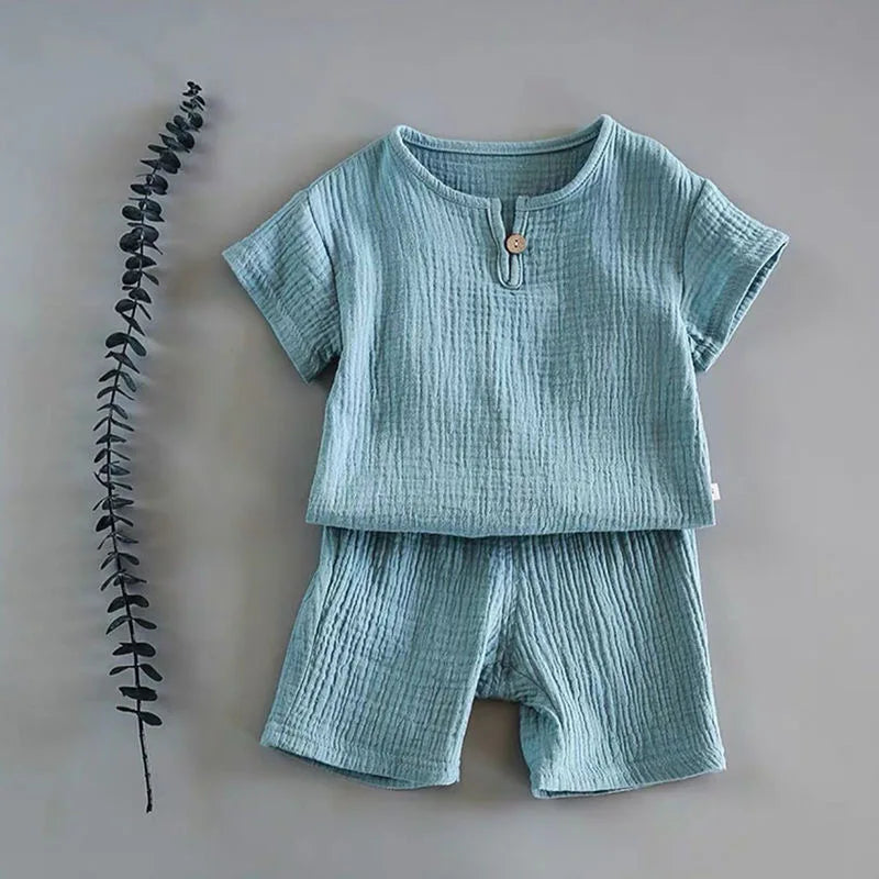 Jungen Mädchen Sommer Outfits Kleidung Baby Musselin Baumwolle Kurzen Ärmeln Hemd Shorts Anzüge Kinder Top + Hosen Sets 2 stücke 0-8T