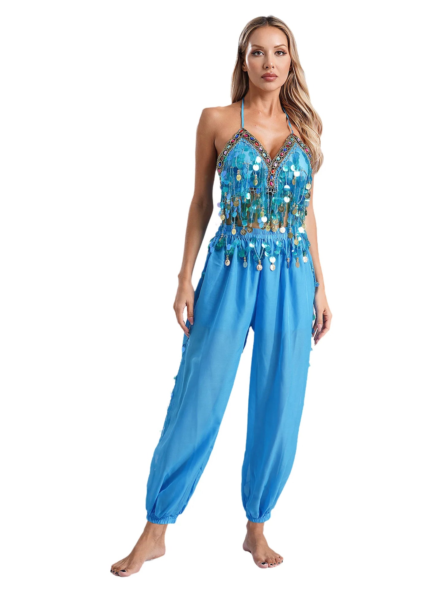 Damen Bauchtanz Outfit Pailletten Tops mit Harems hosen Halloween Kostüm Bollywood indischen Tanz Bühne Performance Kostüm