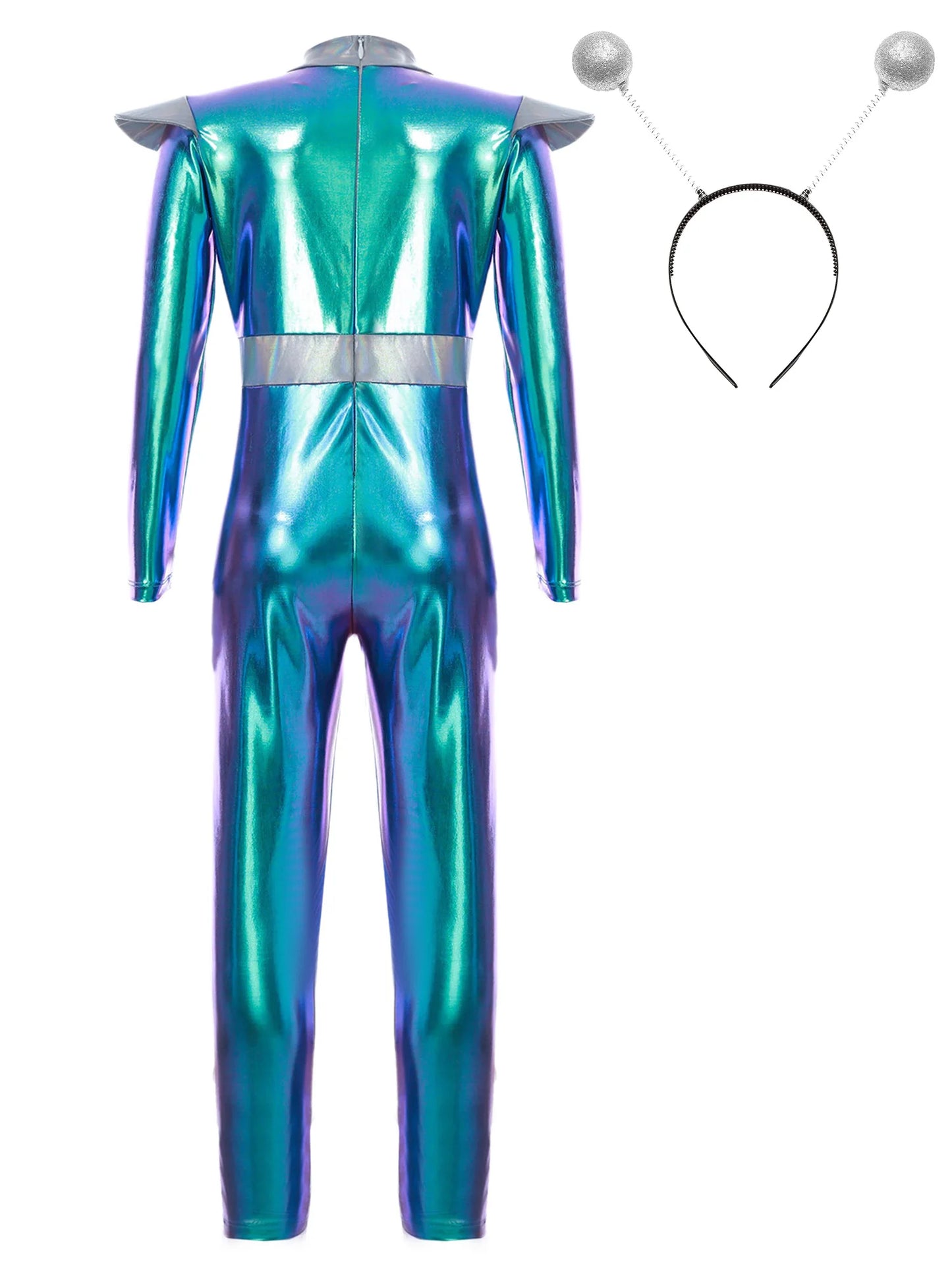 Kinder Mädchen Alien Kostüm Weltraum Kadett Holographische Metallic Ganzkörper Bodysuit Overall Halloween Party Cosplay Dress Up