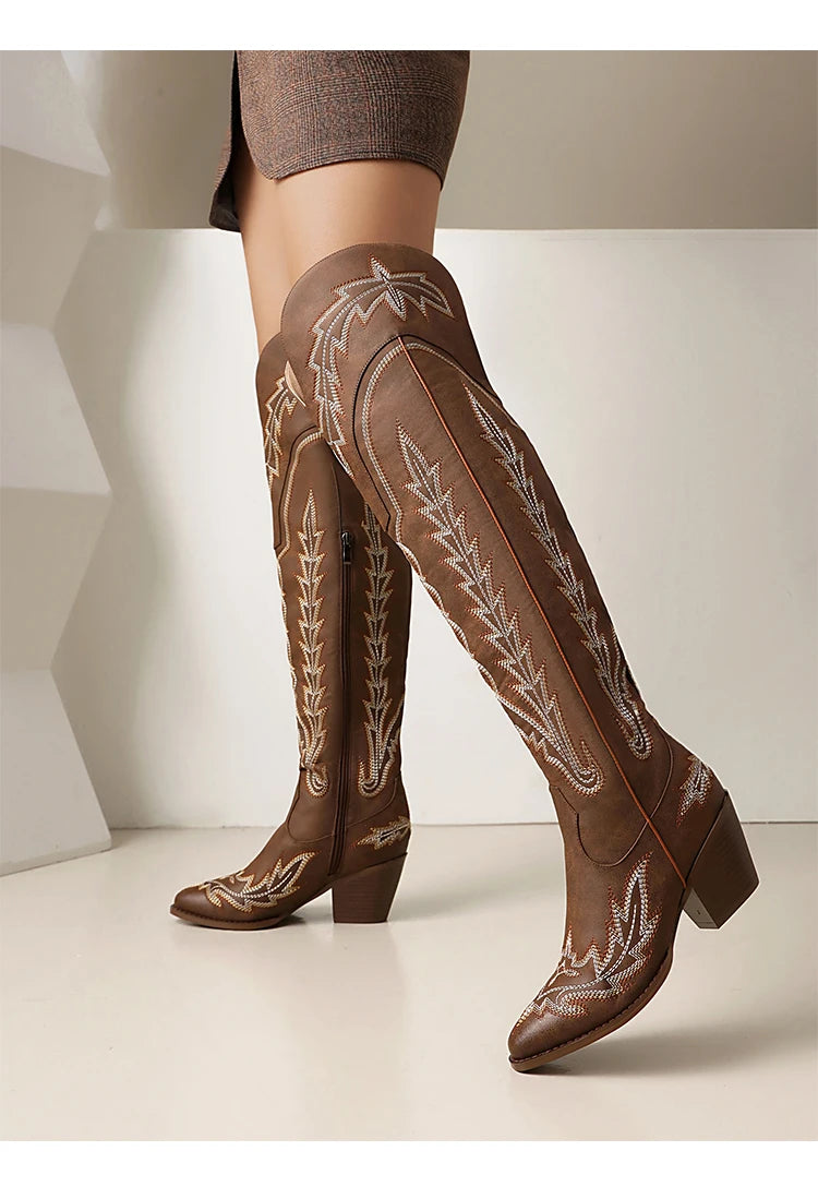 Plus Size atmungsaktive bestickte Westerns tiefel Holzmaserung Grob absatz Seiten reiß verschluss Westerns tiefel trend ige Overknee-Stiefel