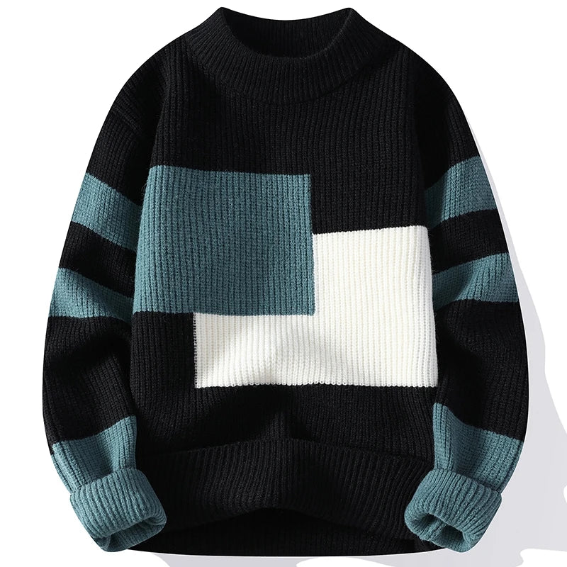 New Fashion Patchwork Knit Pullovers Men Autumn Winter O Neck Loose Warm Knitted Sweater Youthful Vitality Pullover Sweaters Man