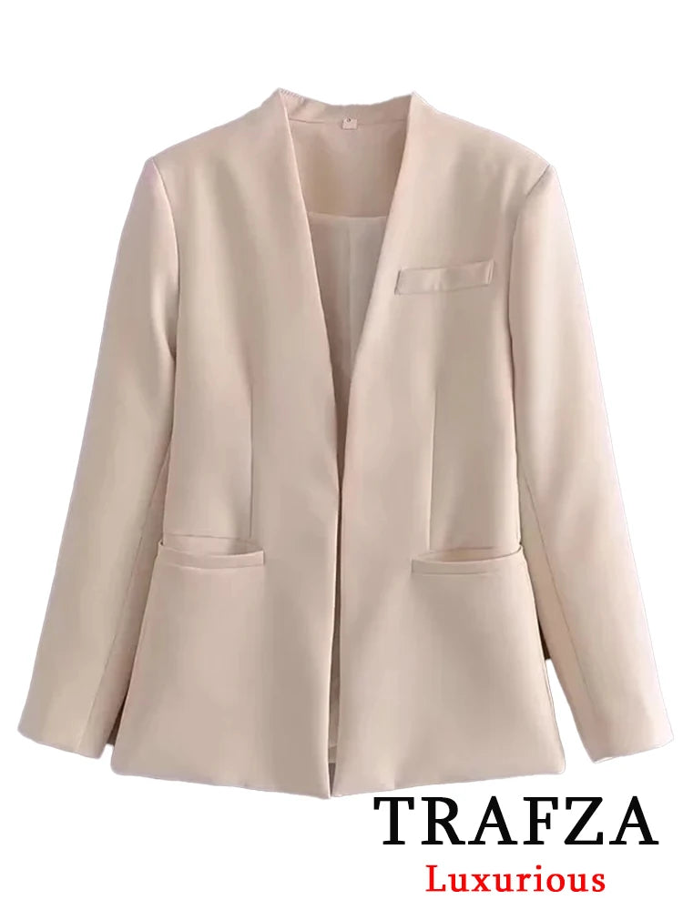 TRAFZA Büro Dame Beige Frauen Anzüge Langarm V-ausschnitt Übergroßen Blazer + Hohe Taille Breite Bein Hosen Mode 2025, Vintage-Sets