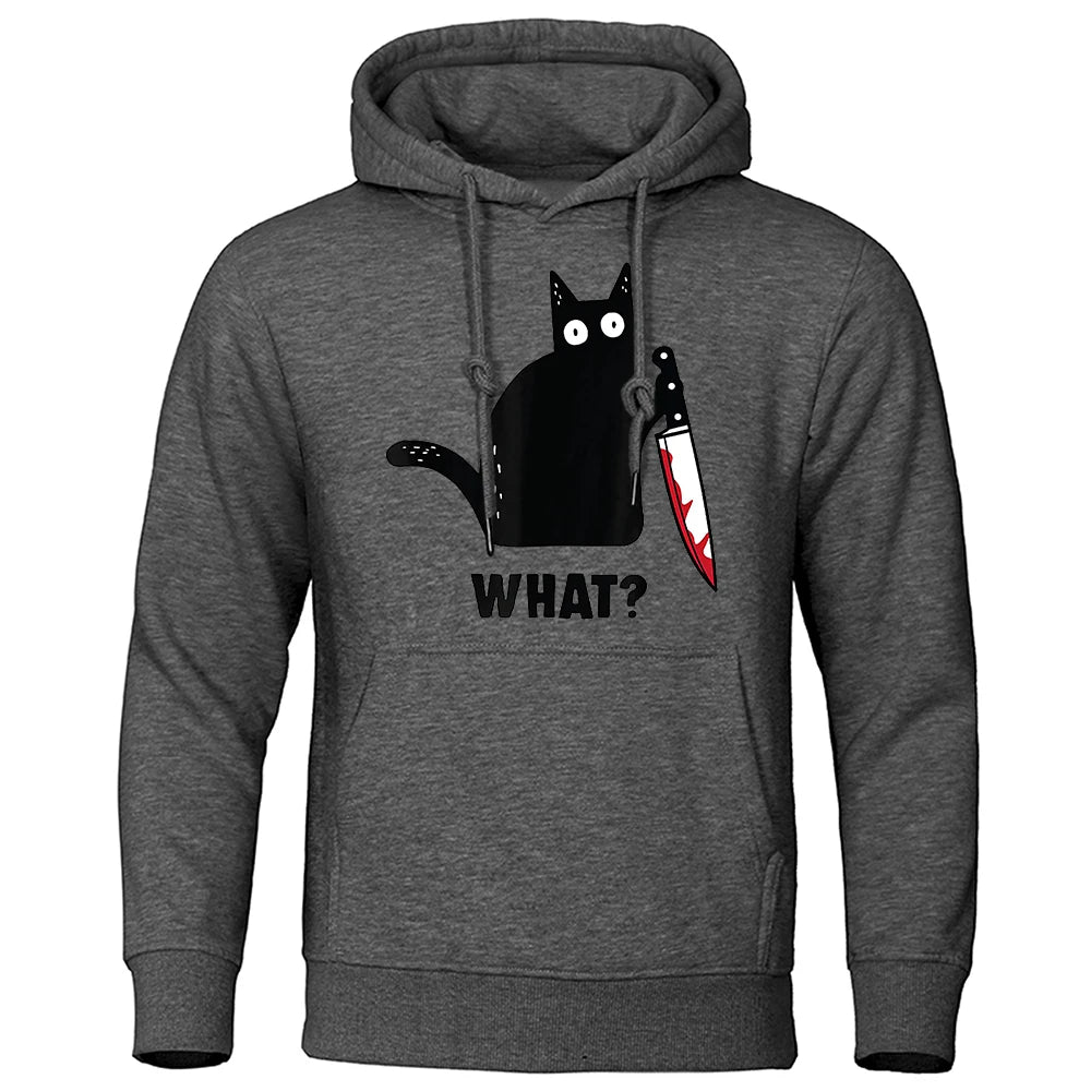 What? Black Cat With Dagger Printed Mens Sweatshirts Fashion Street Hoodies Casual Loose Sportswears Pullover Hoodie For Men