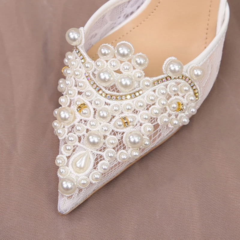 Rimocy Luxury Pearl Lace Women's Slingbacks Pumps 2023 Pointed Toe Thin Heels Wedding Shoes Women Elegant Super High Heels Pumps