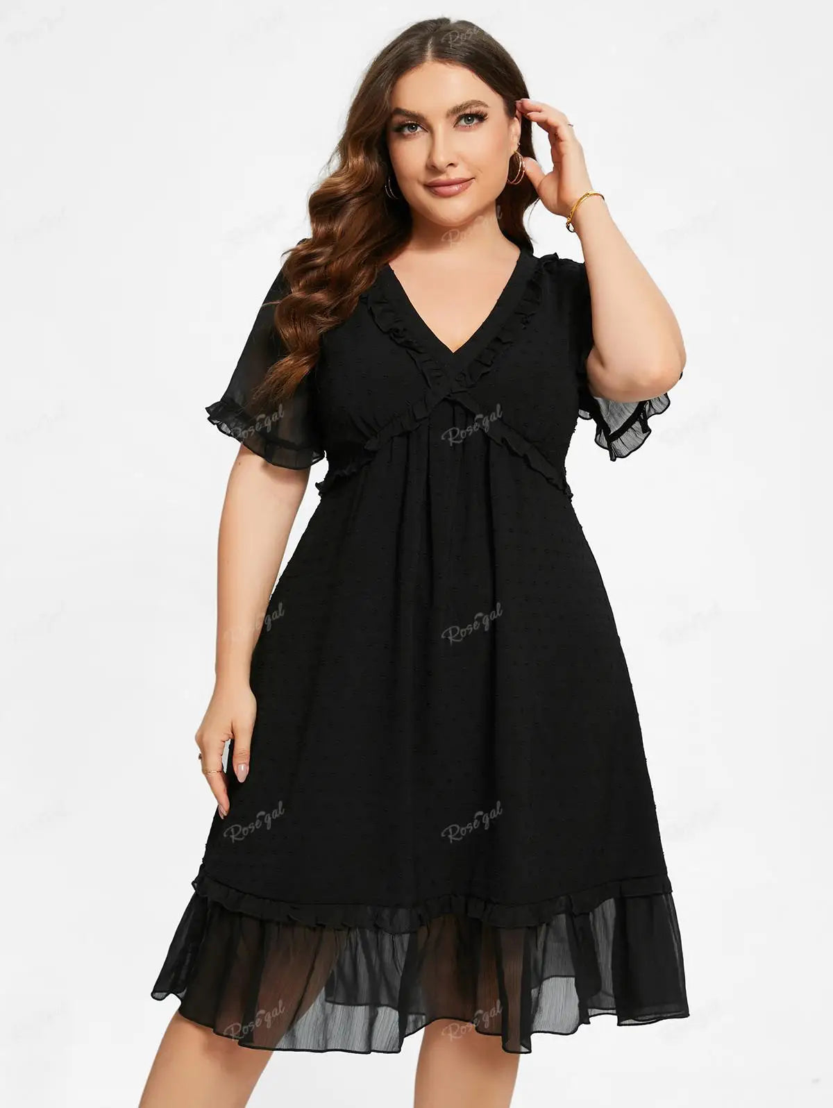 Ros gal Plus Size Freizeit kleider schwarz elegant V-Ausschnitt Spitzen besatz transparente Rüschen Kleid für Frauen Frühling, Sommer Streetwear Vestidos