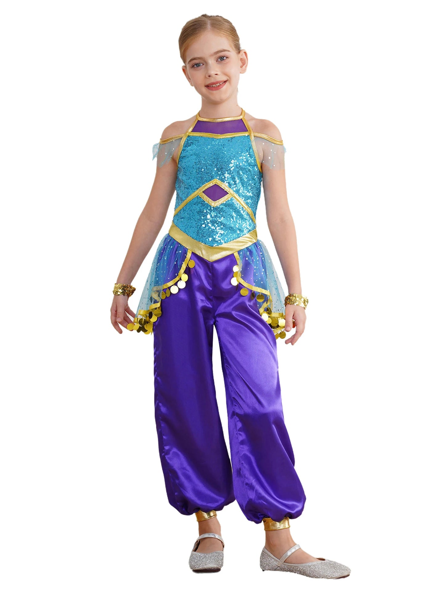 KIds Girls Arabian Princess Costume Indian Bollywood Belly Dance Jumpsuit Halloween Party Fairy Tale Pretend Play Fancy Dress