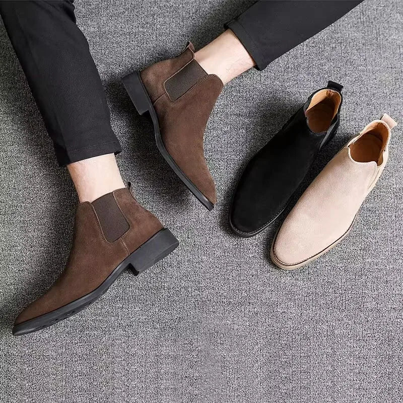 Men's Retro Classical Chelsea Boots Cow Suede Genuine Leather Men Fashion Ankle Boot Mens Casual Short Boots High-Top Shoes