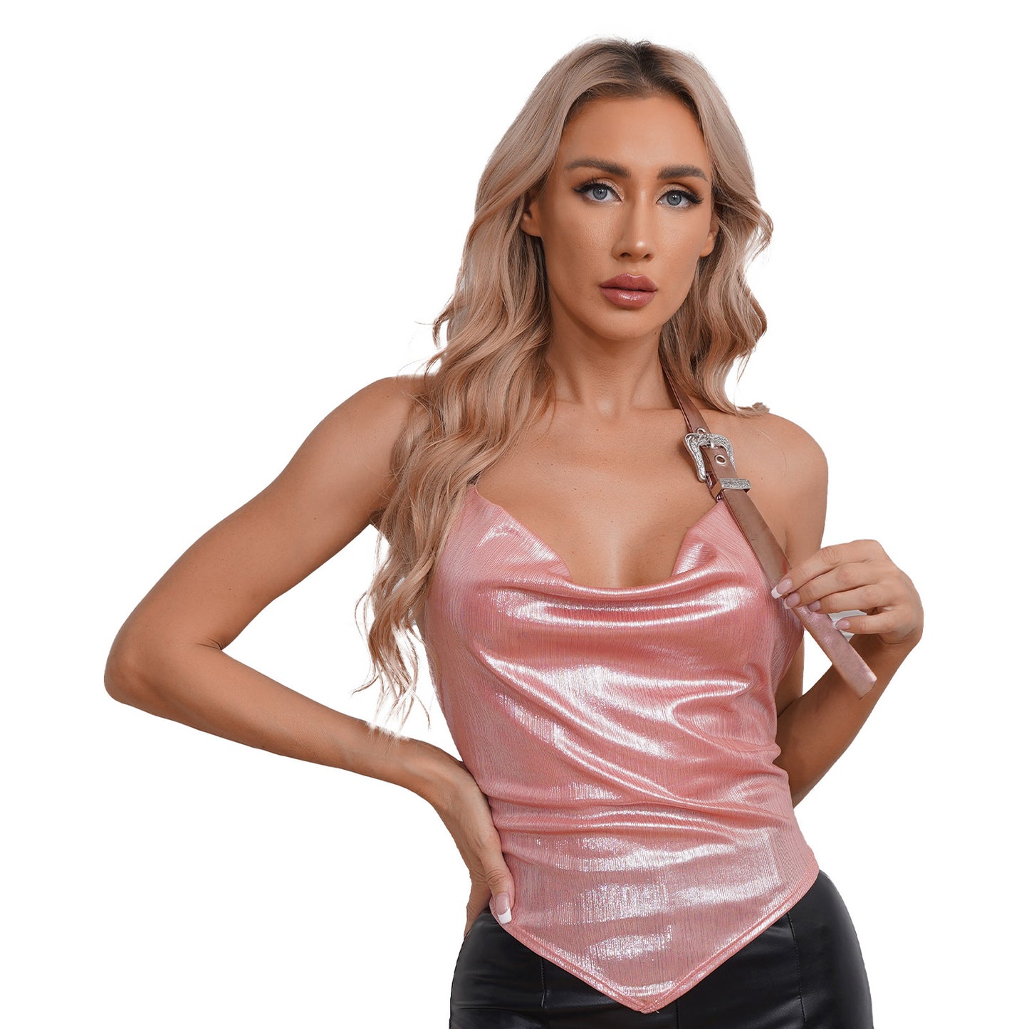 Damen exotische Tanks Clubwear Metallic glänzende Crop Top Weste solide Bodycon Neck holder ärmellose rücken freie Slim Fit T-Shirt Unterhemd Tops