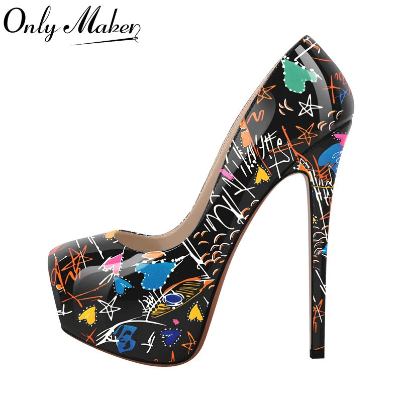 Only maker Frauen Plattform Graffiti Stiletto Heels 16cm extrem hohe Pumps große Größen plus Größe 46 Schuhe