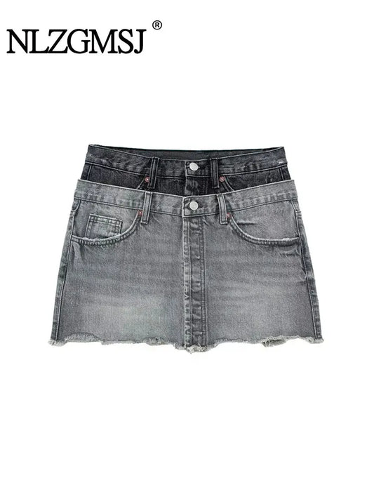 Traf Herbst mode hohe Taille breite Falten nähte Design Shorts lässig versteckte Knopf Denim Shorts Minirock