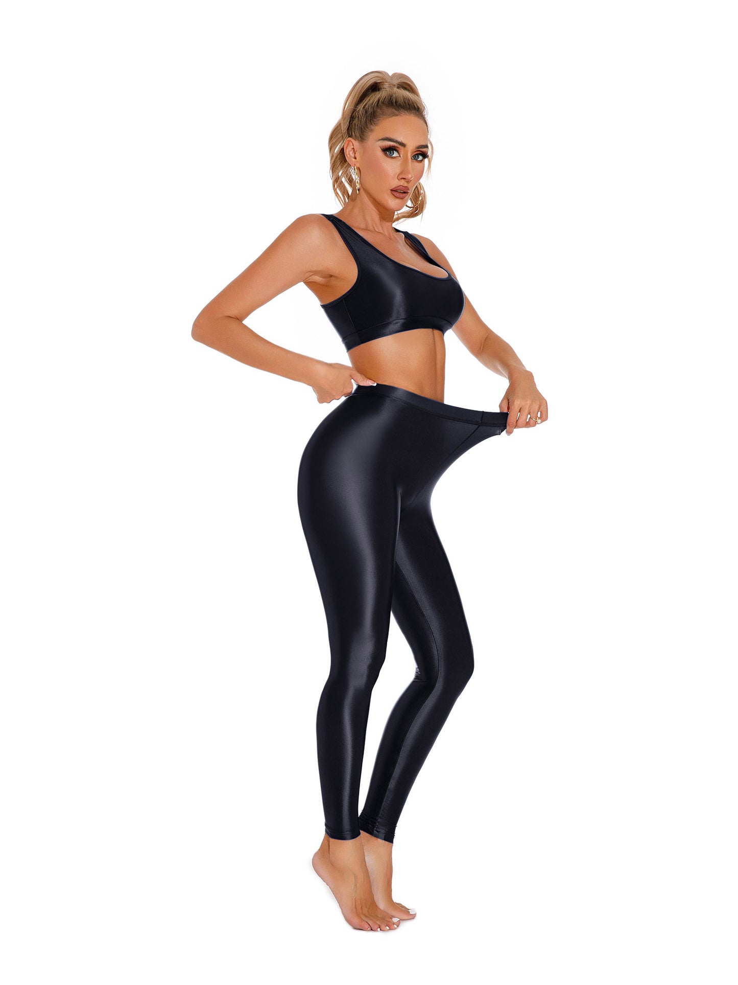 Damen glänzendes Öl ärmelloses U-Ausschnitt Racer back Crop Top mit Leggings für Tanz Yoga Sport Gym Fitness Übung Active wear