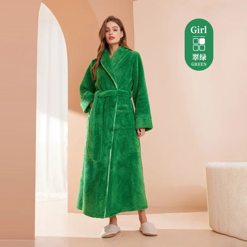 Doppelseitige Verdicken Flanell Herbst Winter Korallen Fleece Paar Lange Robe Hause Kleidung Lange Bademantel Nachtwäsche Lose Loungewear