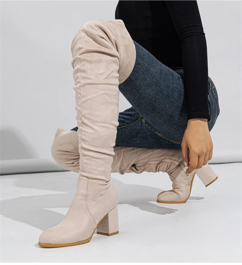 Liyke 2024 Herbst Winter schwarz braun über dem Knie Stiefel Frauen sexy spitzen Zehen Reiß verschluss Oberschenkel hohe Schuhe quadratische Absätze Stiefeletten femme