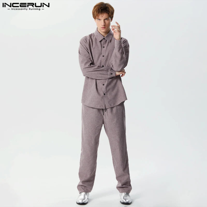 INCERUN Men Sets Solid Color Lapel Long Sleeve Shirt & Drawstring Pants 2PCS Streetwear 2023  Loose Men's Casual Suits S-5XL
