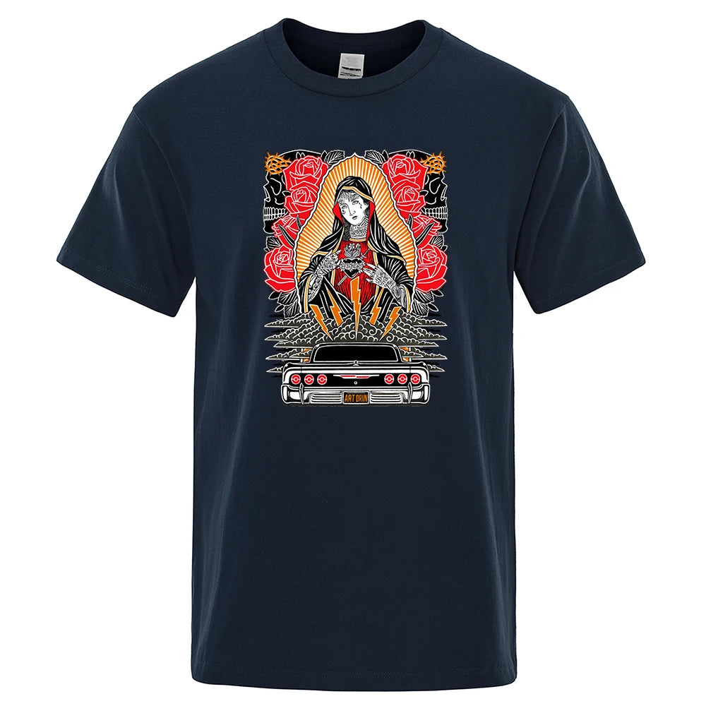 Rose Our Lady Of Guadalupe Funny Men Tshirt Breathable Summer Short Sleeve Oversized Casual Tops Cotton T-Shirt Short Sleeve