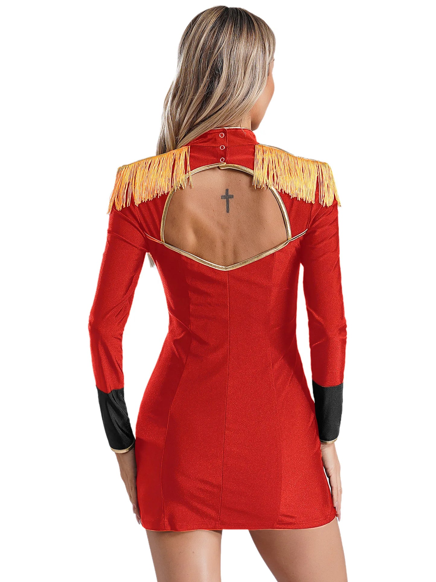 Damen roten Ring master Langarm Quaste Ausschnitt Mini kleid Bodycon Zirkus Showman Löwe Tamer Rin leader Halloween Kostüme