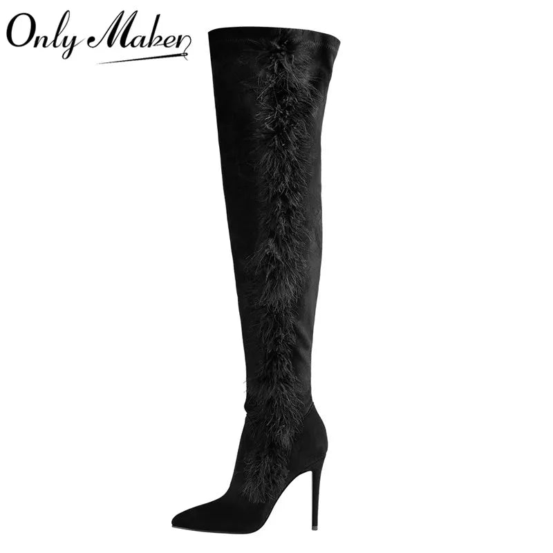 Onlymaker frauen Spitz Schwarz Wildleder Spitze Zehen Flauschigen Feder Stiletto High Heel Über Das Knie Mode Stiefel