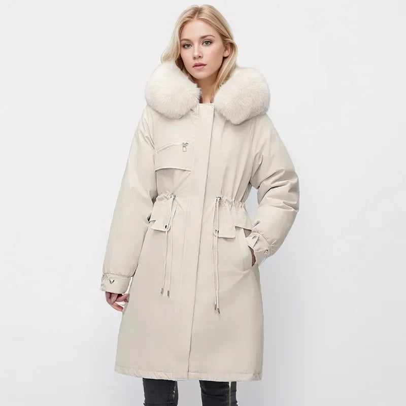 2024 neue Winter Frauen Parka Kleidung lose lange Mantel Wolle Liner Kapuze Daunen Baumwoll jacke Pelz kragen dicken warmen Schnee tragen gepolstert