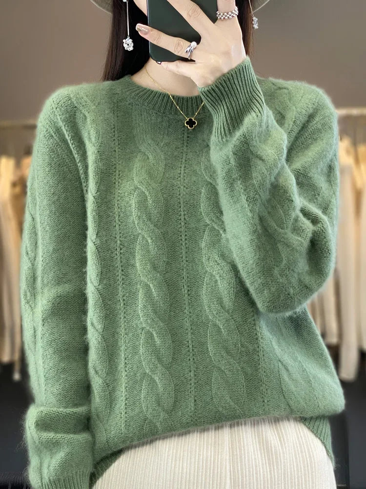 Frauen Winter Pullover 100% Merino Wolle Dicke Warme Oansatz Pullover Twist Blume Kaschmir Strickwaren Casual Koreanische Beliebte Kleidung