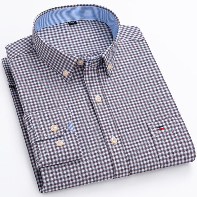 Men&#39;s Versatile Casual Checkered Oxford Cotton Shirts Single Pocket Long Sleeve Standard-fit Button Down Gingham Striped Shirt
