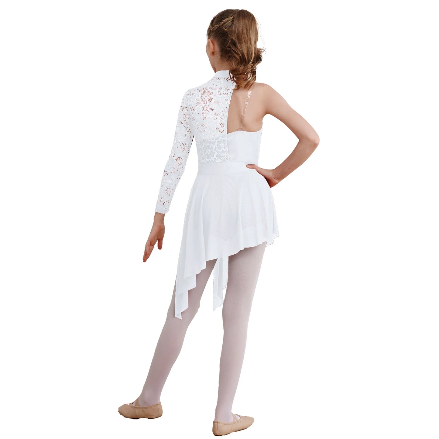 Kids Girls One Shoulder Lyrical Dance Dress Lace Bodice Asymmetrical Hem Ballet Skating Leotard Dresses Ballerina Dancewear