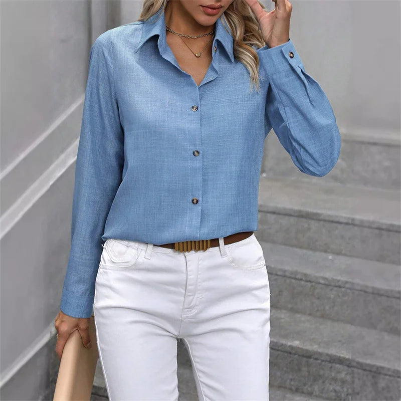 Frühling Herbst Casual Einfarbig Shirt Frauen Komfortable Pendler Langarm Bluse Elegante Weibliche einreiher Strickjacke Top