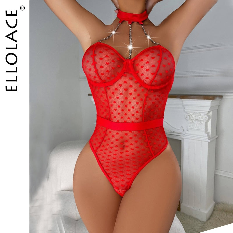 Ellolace Bodysuit Women Sensual Underwear Heart Polka Dot Open Crotchless Teddy Sexy Hot Exotic Costumes Porn Body