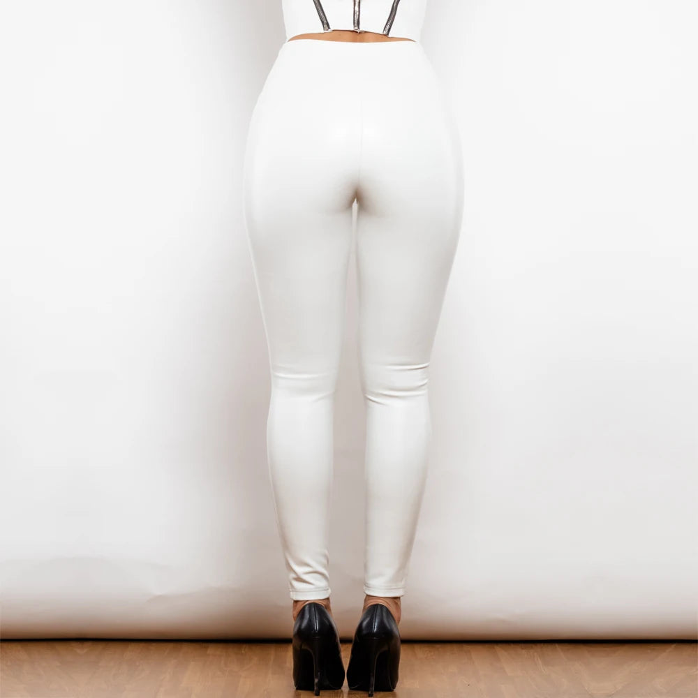 Shascullfites Melody White High Waist Leather Leggings Winter Leggings Women Pants Warm Tights Sexy Casual X Cross Pants