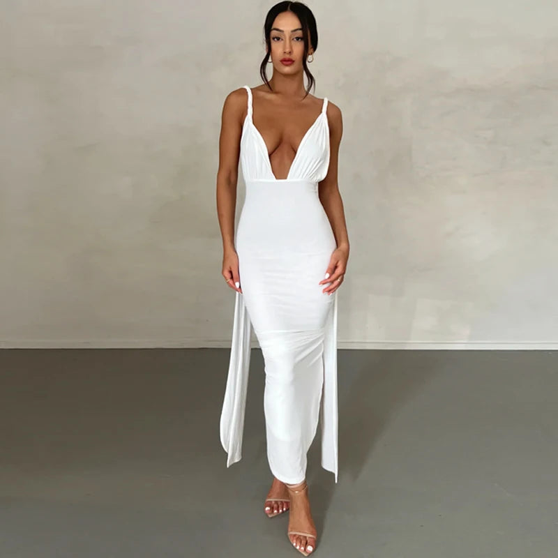 Deep V-Neck Backless Bodycon Dress Elegant Party Dresses For Women 2023 Summer Ruched Wrap Bandage Long Dress Black White