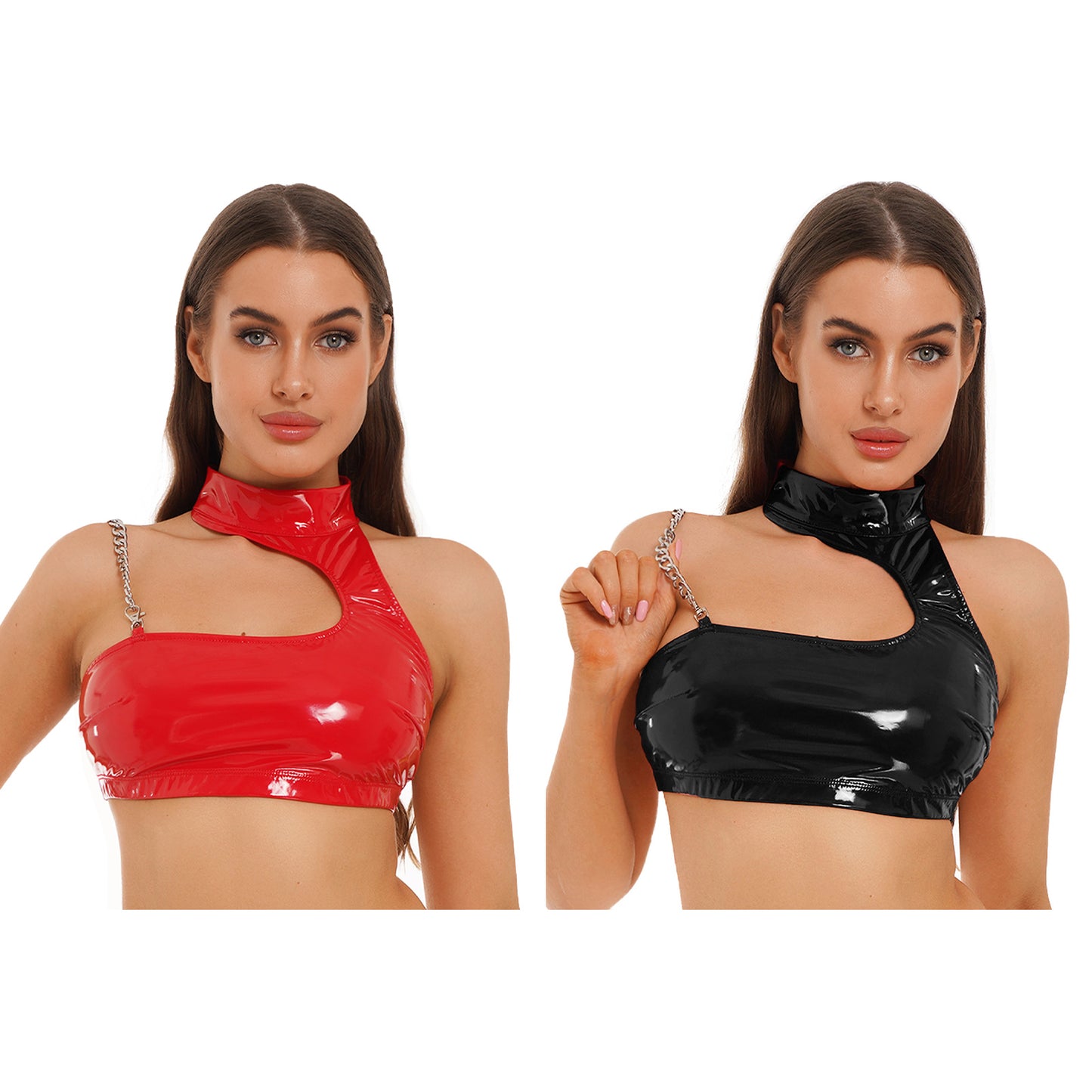 Frauen Mode Asymmetrische Schulter Halter Crop Top Metall Kette Riemen Weste Wet Look Patent Leder Backless Dessous Leibchen