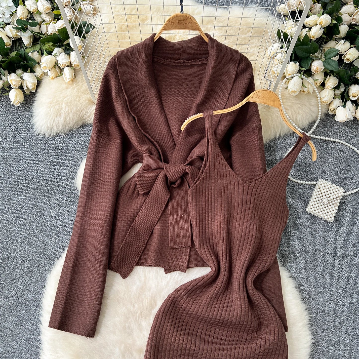 Sing reiny Herbst mode warm gestrickte Sets Schnürung schlanke Strickjacke Schlinge sexy langes Kleid Damen Bodycon feste Pullover Anzüge