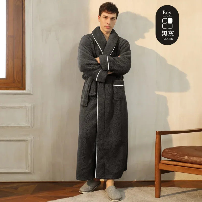 Doppelseitige Verdicken Flanell Herbst Winter Korallen Fleece Paar Lange Robe Hause Kleidung Lange Bademantel Nachtwäsche Lose Loungewear