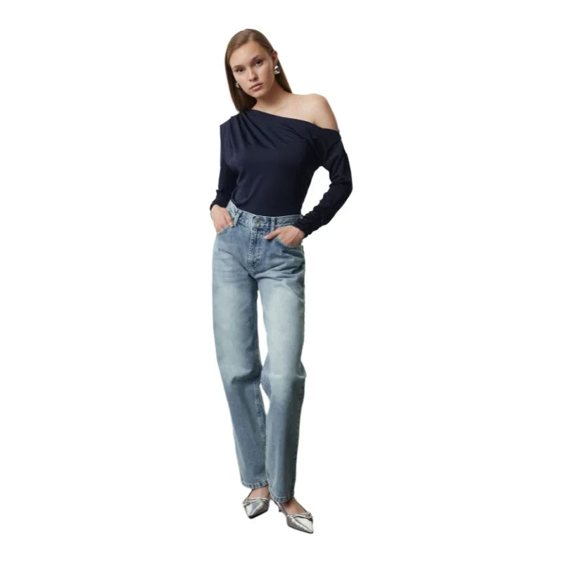 Trendyol TYZA Damen-Jeans, einfarbig, ohne Taschen, gerades Denim, gerades Bein, Gürtel, lässige Jeans, Freizeithose, Denim-Shorts