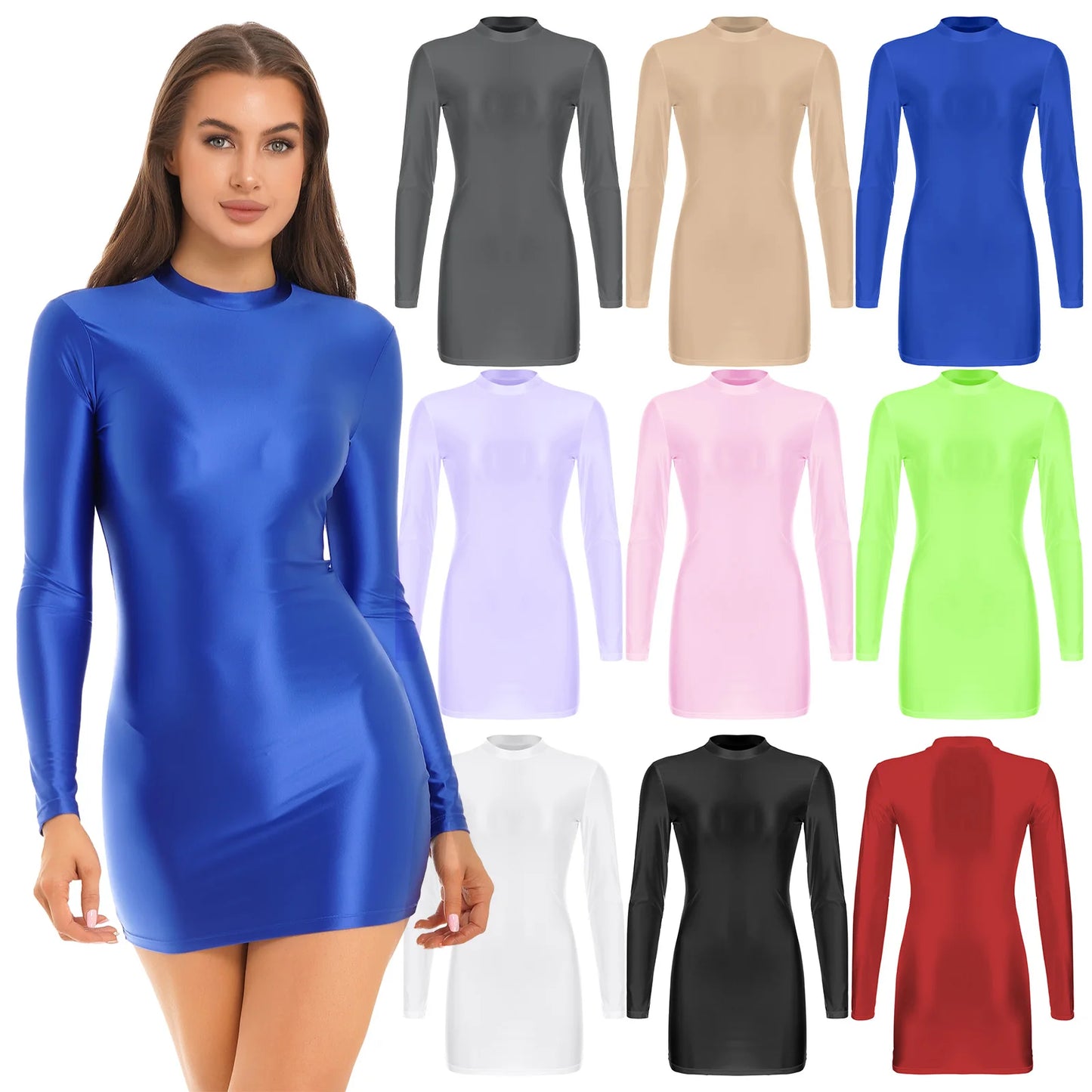 Frauen Sexy Bodycon Kleider Öl Glänzenden Glänzend Langarm Slim Fit Mini Bleistift Kleid Nachtclub Bar Rave Party Babes Clubwear