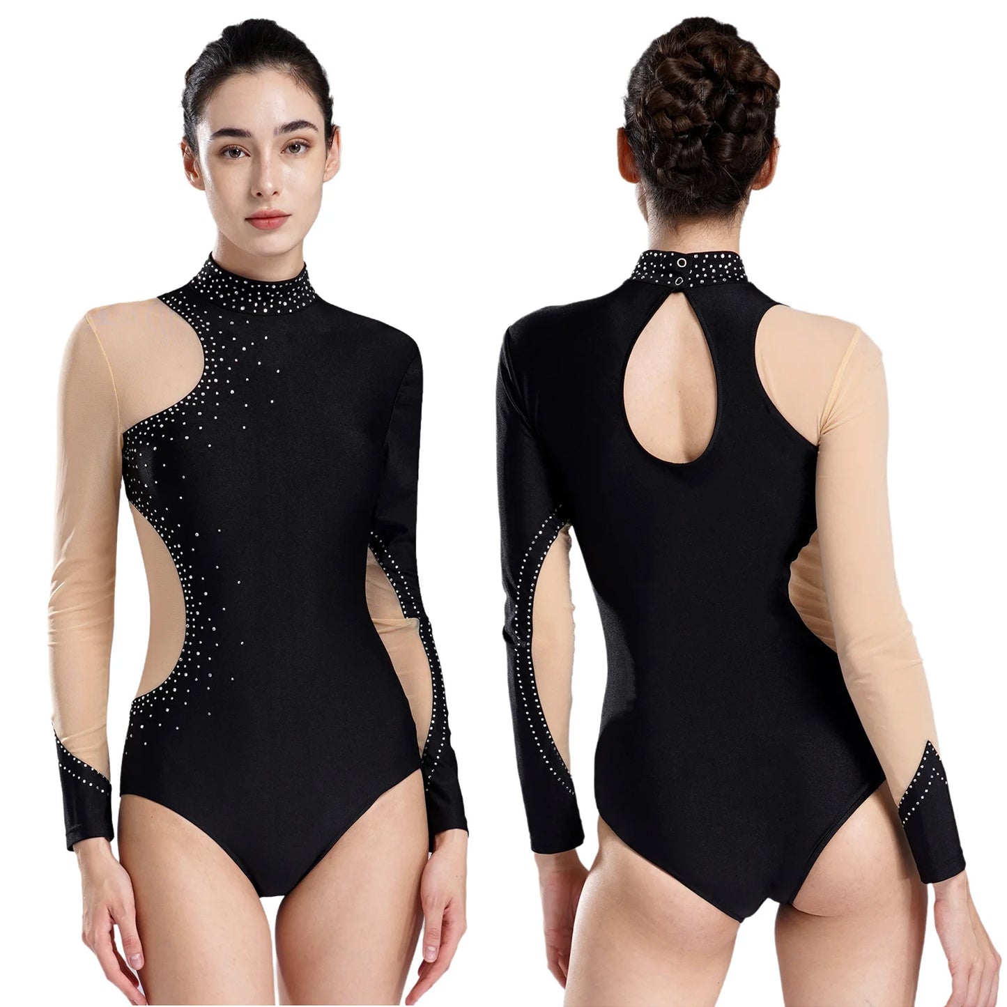 Damen Figur Eislauf Trikot glänzenden Strass Langarm Ballett Tanz Gymnastik Bodysuit Wettbewerb Praxis Overall