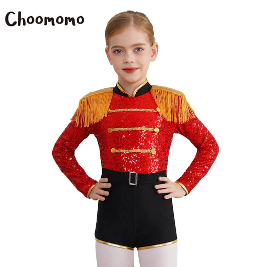 Kids Girls Circus Ringmaster Costume Lion Tamer Sequins Long Sleeve Fringe Tassel Bodysuit Jumpsuit for Halloween Party