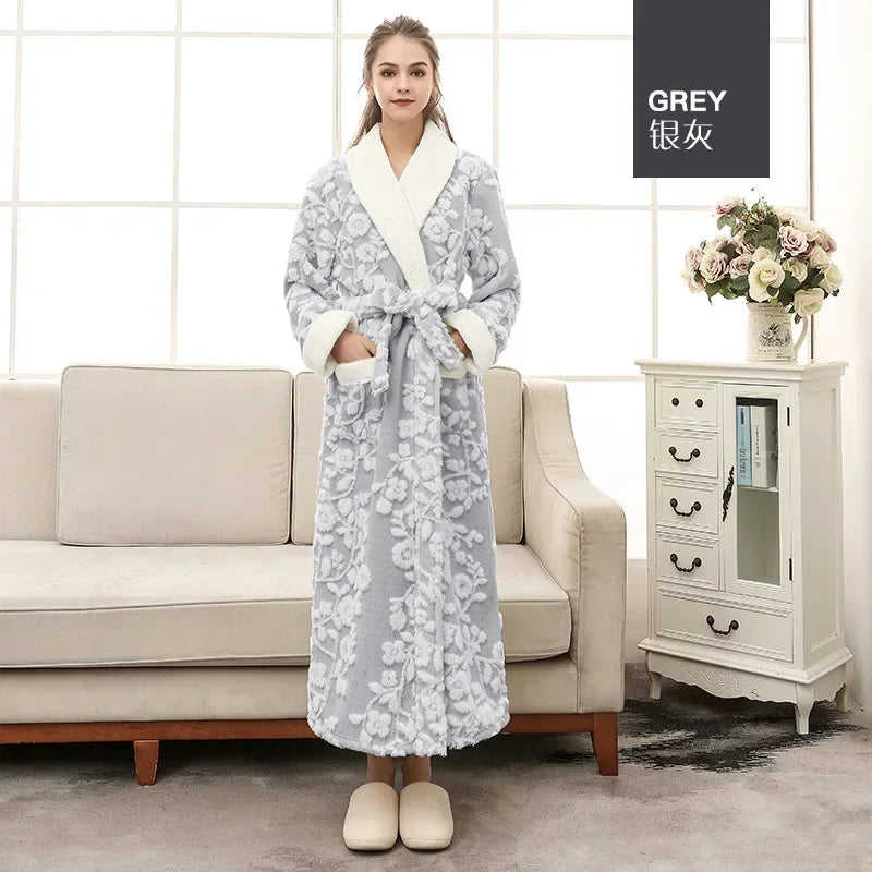 Dicke Flanell Jacquard Nachtwäsche Lose Casual Homewear Lounge Tragen Korallen Fleece Lange Robe Winter Warme Paar Bademantel Nachtwäsche