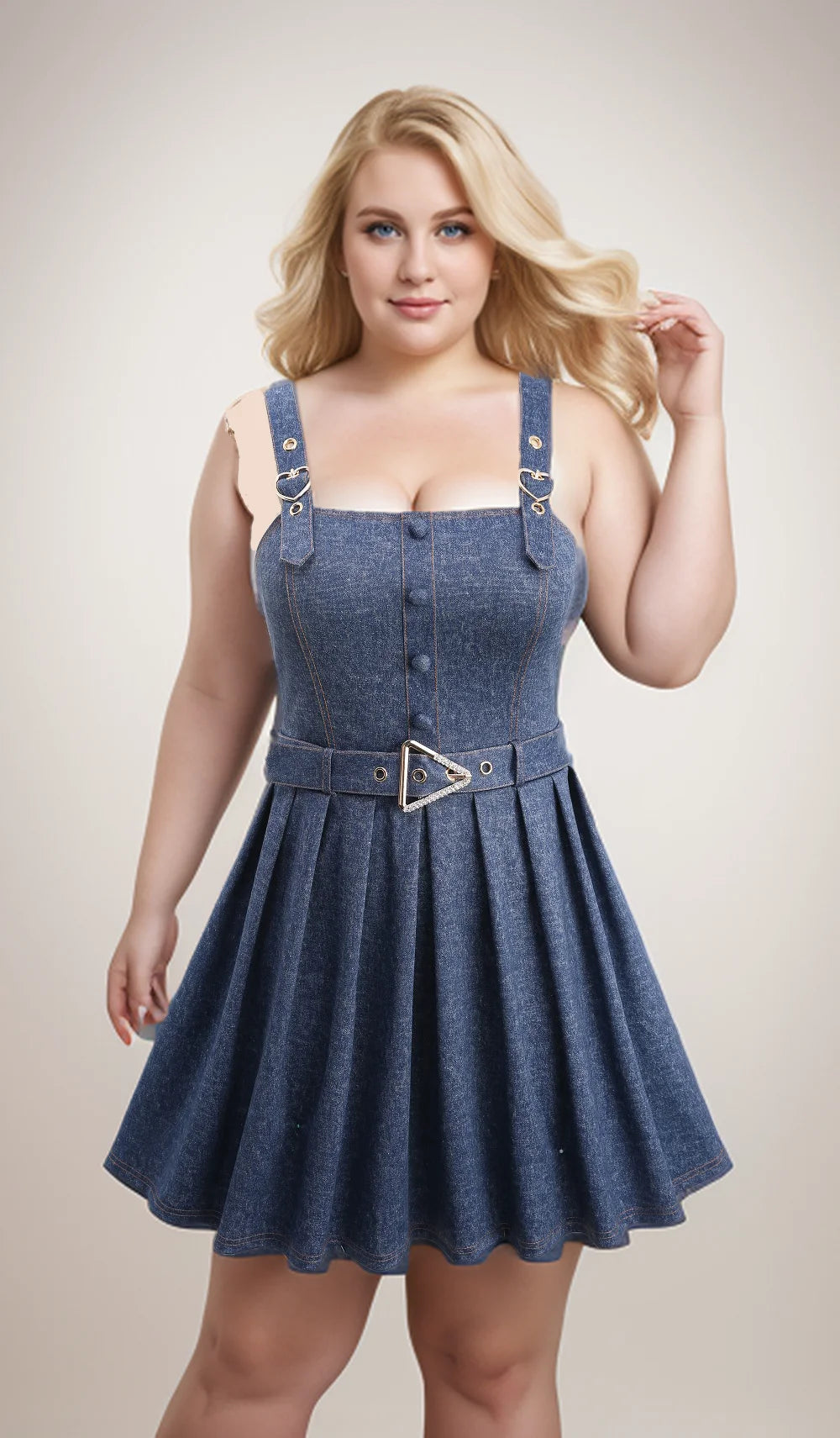 Ros gal Plus Size Casual Mini kleider Frauen ärmellose Schnalle Tülle Mock Knöpfe Plissee rücken frei blau Kleid Overs ize Vestidos