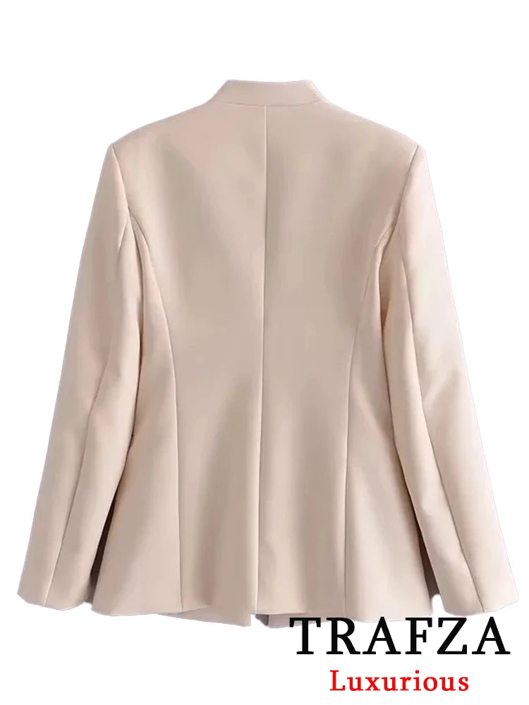 TRAFZA Büro Dame Beige Frauen Anzüge Langarm V-ausschnitt Übergroßen Blazer + Hohe Taille Breite Bein Hosen Mode 2025, Vintage-Sets