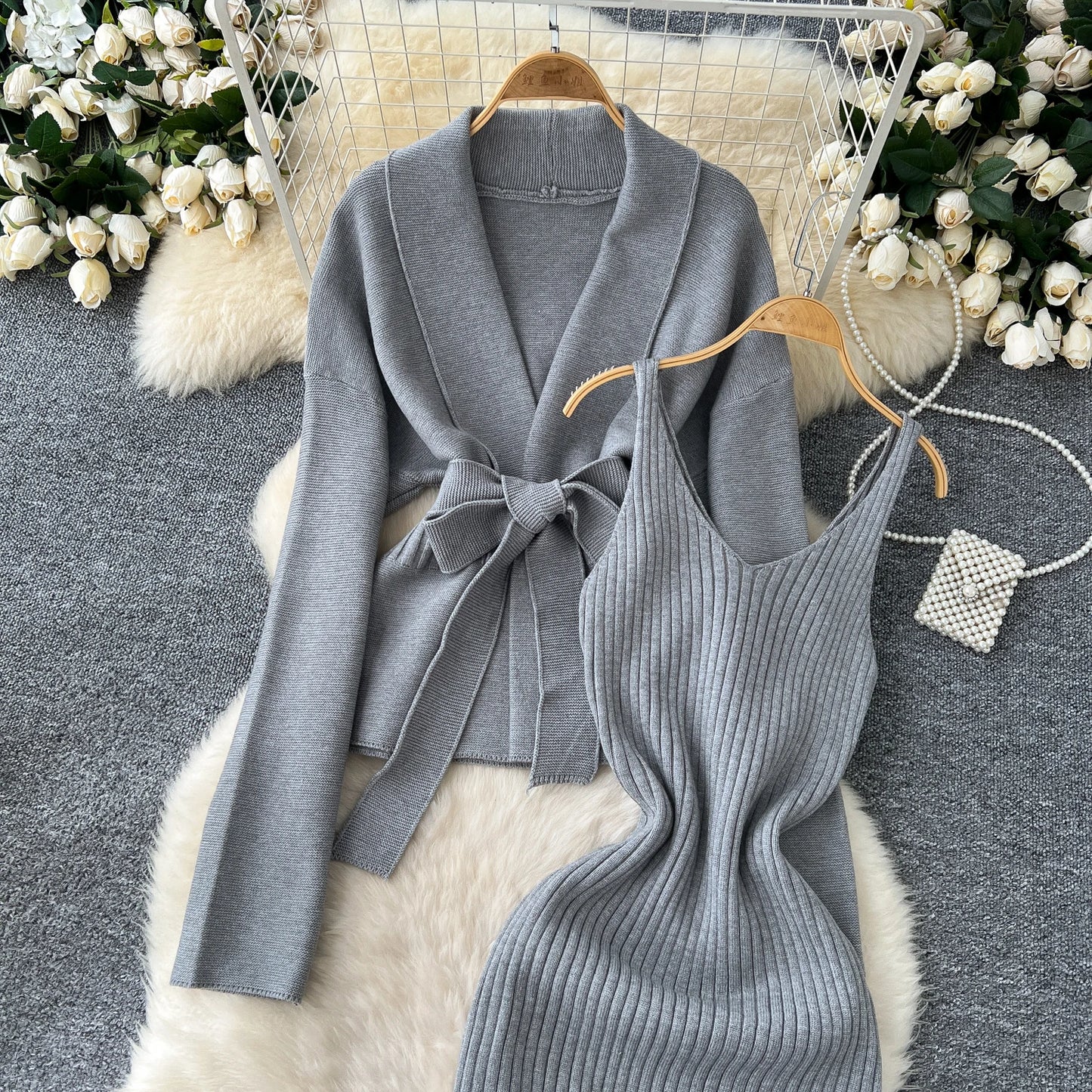 Sing reiny Herbst mode warm gestrickte Sets Schnürung schlanke Strickjacke Schlinge sexy langes Kleid Damen Bodycon feste Pullover Anzüge