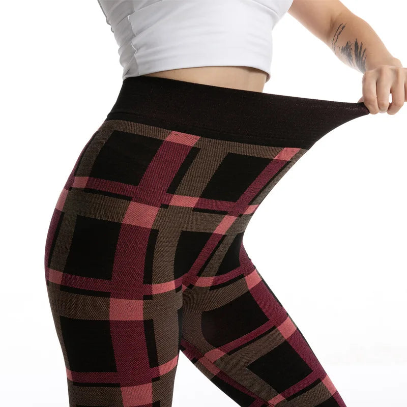 CUHAKCI Stretch Checkered Jacquard Print Leggings Women Breathable Slimming Workout Yoga Pants High Elastic Overwear Trouse