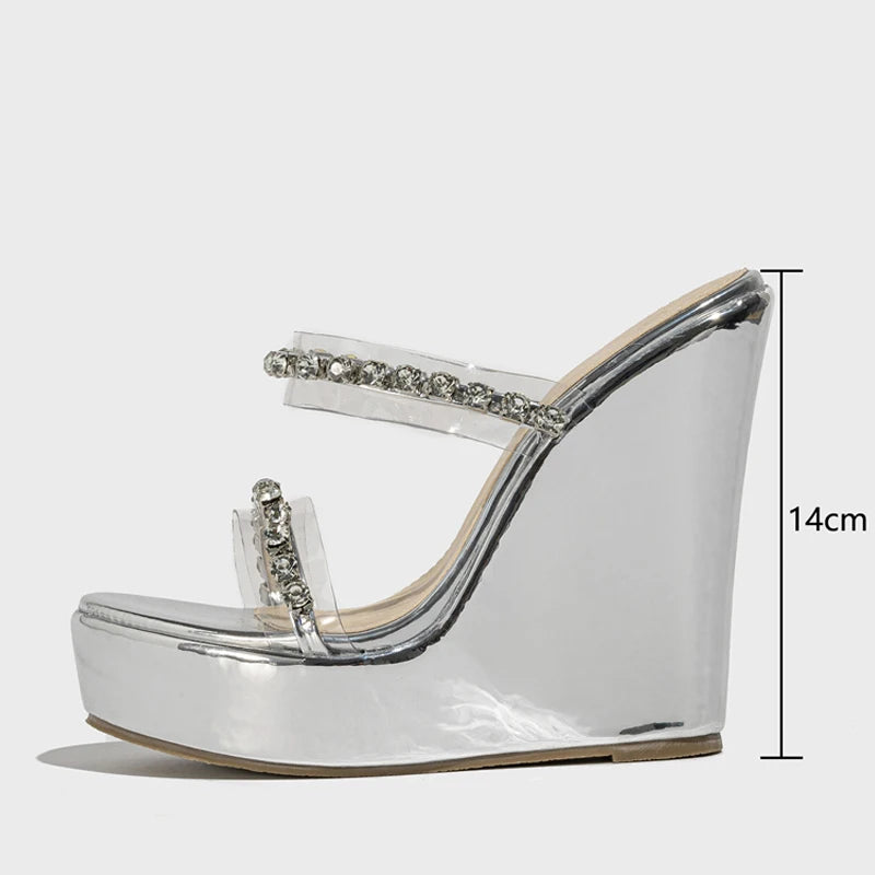 Liyke Designer Strass Nieten Damen 14CM Keile Hausschuhe Mode Offene spitze Super High Heels Plattform Sandalen Transparent Schuh