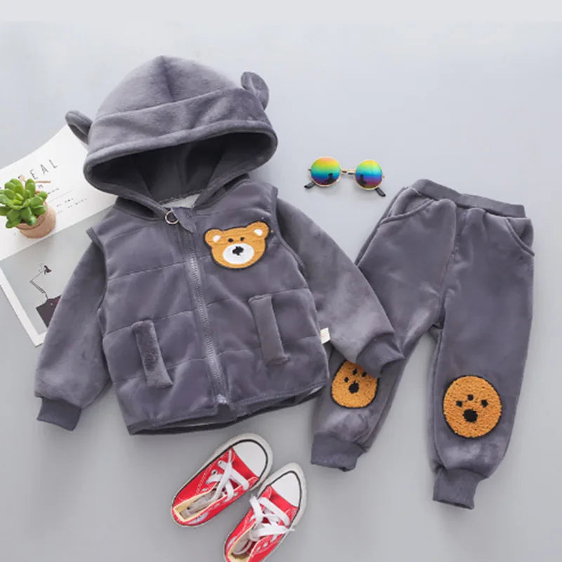 1 2 3 4 jahre Winter Baby Jungen Kleidung Sets Cartoon Bär Warm Halten Mantel + Kapuze Zipper Weste Und hosen Mädchen Anzüge Kinder Kleidung