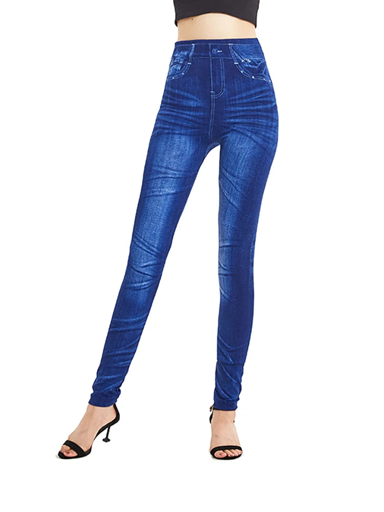 CUHAKCI False Women Folding Printed Jeggings Plus Size Vintage Fake Jeans High Elastic Soft Sport Fitness Trouses Dropshipping