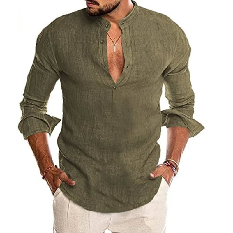 Mens Button Down Shirt Linen Cotton Shirts Casual Long Sleeve Spread Collar Lightweight Beach Solid Color Tops